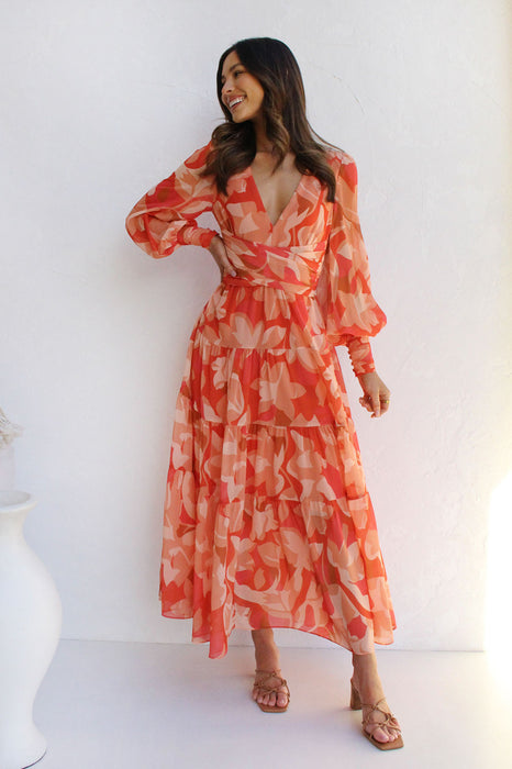Color-Orange-Autumn Winter Casual Printed Long Sleeve V Neck Swing Dress Maxi Dress-Fancey Boutique