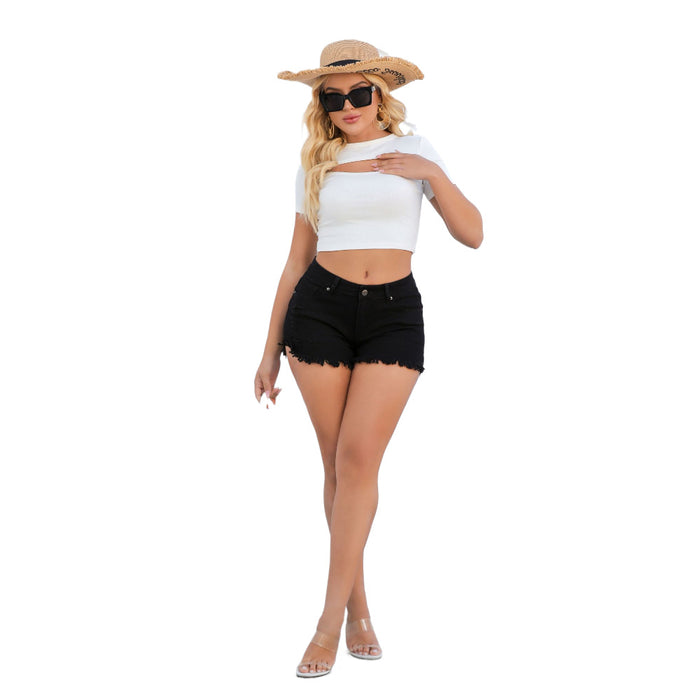 Color-Black-Summer Casual Washed-out Retro Worn Solid Color High Waist Fringe Denim Shorts-Fancey Boutique