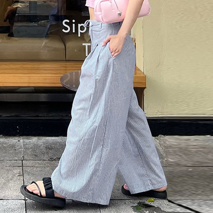 Casual High Waist Slimming Pleated Design Loose Wide Leg Pants Women Summer Stripes Woven Straight Leg Pants-Fancey Boutique