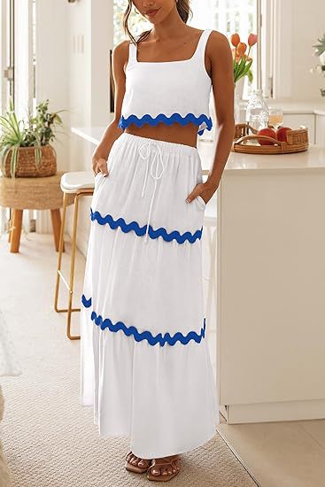 Women Clothing Lace Collage Sleeveless Short Vest High Waist Long Skirt Set-White and Blue Lace-Fancey Boutique
