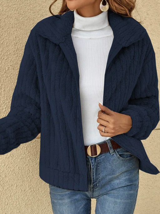 Color-Purplish blue-Women Clothing Autumn Winter Sunken Stripe Velvet Collared Short Coat Outerwear-Fancey Boutique