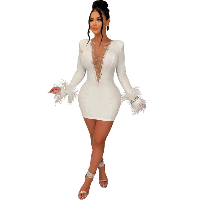 Color-White-Women Wear Solid Color V Neck Mesh See Through Long Sleeve Tassel Dress Women-Fancey Boutique