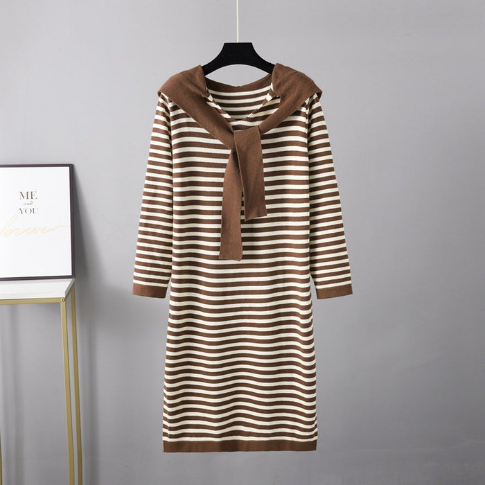 Color-Coffee-Autumn Winter Striped Slimming Long Sweater Shawl Western Sweater Women Dress-Fancey Boutique