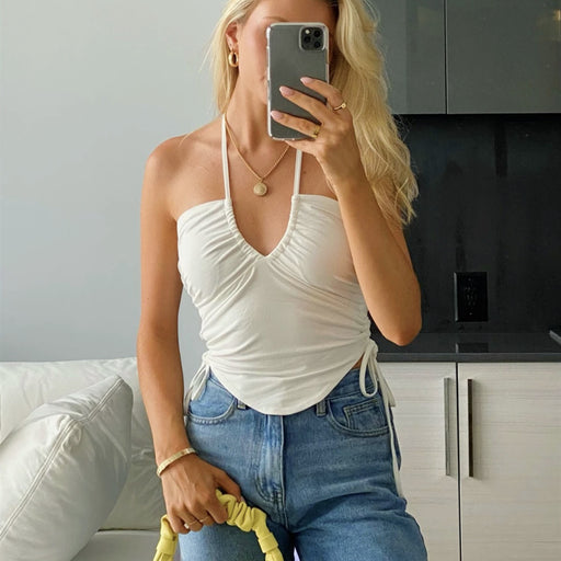 Color-White-Summer Top Halterneck With Suspenders U Collar Sexy Bare Cropped Slim Fit Short Vest For Women-Fancey Boutique