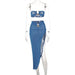 Color-Blue-Summer Women Clothing Suit Sexy cropped Stitching Tube Top Young Slit Sheath Skirt Two Piece-Fancey Boutique