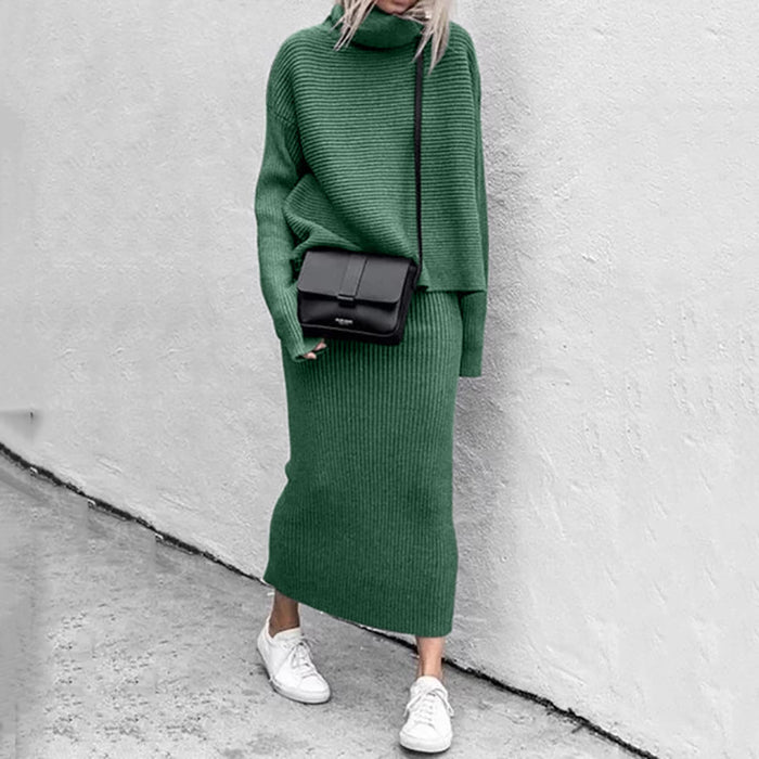 Color-Green-Autumn Winter Casual Loose Long Skirt Two Piece Wool Suit-Fancey Boutique