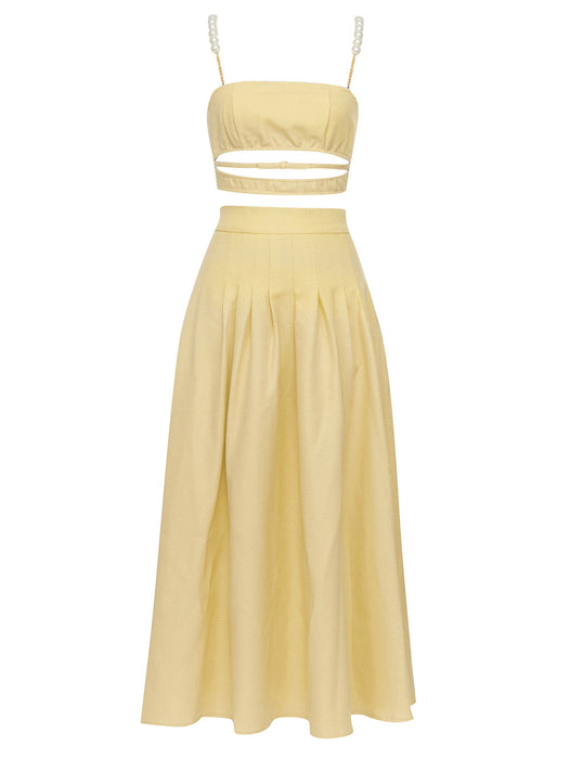 Simple Retro Spaghetti Straps Sleeveless Top Dress Women Suit-Lemon Yellow-Fancey Boutique