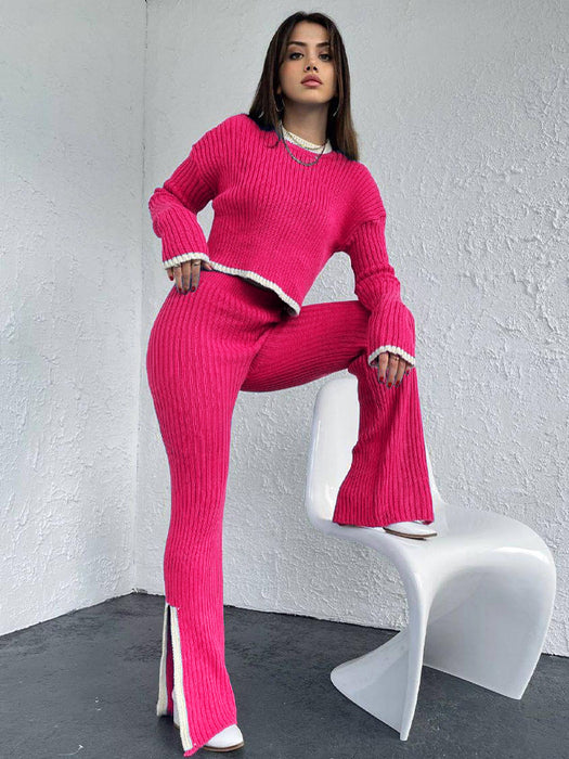 Color-Coral Red-Autumn Winter Knitting Trousers Set round Neck Long Sleeve Short Sweater Color Contrast Patchwork Slit Knitted Two Piece Set for Women-Fancey Boutique