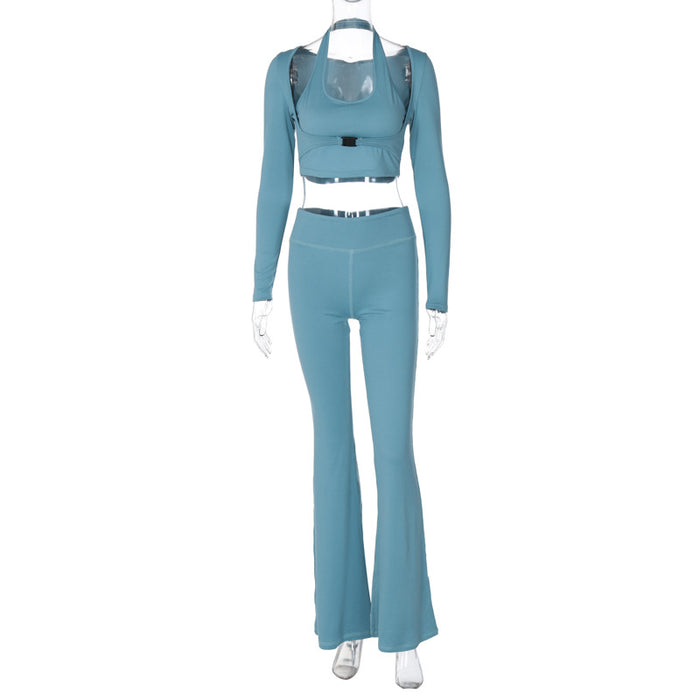 Color-Blue-Winter Women Long Sleeve Shawl Vest Bell Bottom Pants Three Piece Set Solid Color Sports Suit Women-Fancey Boutique