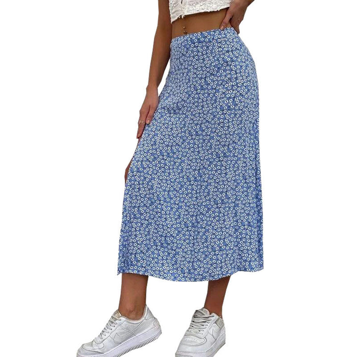Color-Navy Blue-Summer Floral Skirt Split A- line Sheath Mid-Waist Skirt-Fancey Boutique