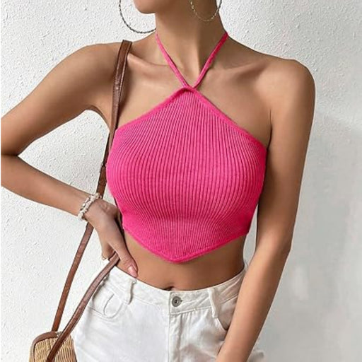 Sexy Sexy Women Clothing Short Temperamental Backless Halter Lace Up Knitted Vest Top Women-Coral Red-Fancey Boutique