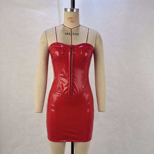 Color-Red-Leather Tube Top Package Hip Dress Autumn Sexy Backless Waist Trimming Off Neck Women Dress-Fancey Boutique