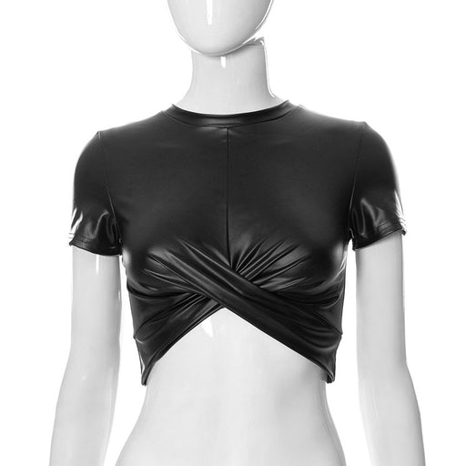 Color-Black-Summer round Neck Short Sleeve Wrapped Chest Exposed cropped Short All-Match Street Faux Leather Top for Women Women Clothing-Fancey Boutique