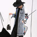 Women Denim Trench Coat Drawing Creative Pattern Stitching Loose Wash Denim Jacket-Fancey Boutique