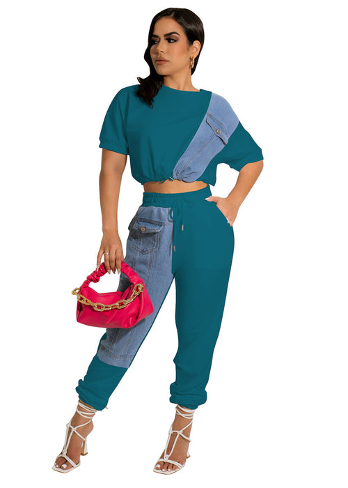 Color-Turquoise-Denim Casual Set Denim Combination Casual Sports Set-Fancey Boutique