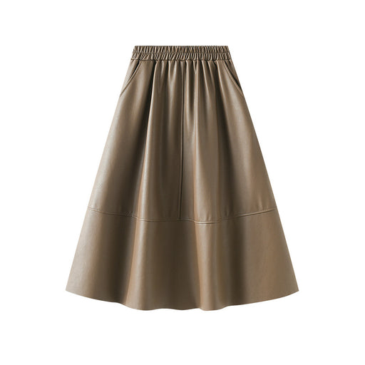 Color-Khaki-Artificial Leather Retro Leather Skirt Mid Length Skirt Women High Waist A Line Skirt Long Skirt Elegant Umbrella Skirt-Fancey Boutique