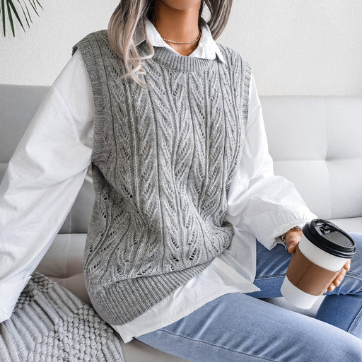 Color-Gray-Autumn Winter round Neck Hollow Out Cutout Leaves Casual Knitted Vest Sweater Women Clothing-Fancey Boutique