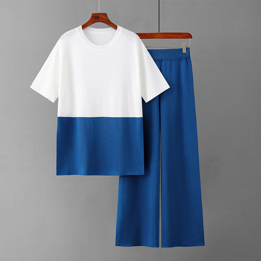 Color-Blue-Casual Set Women Summer Loose Slimming Color Matching Short Sleeve Wide Leg Pants Two Piece Set-Fancey Boutique