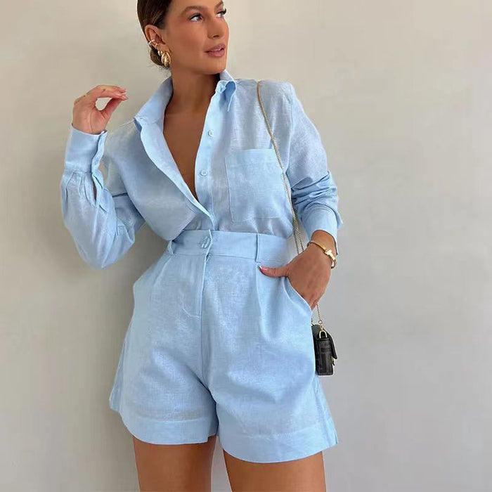 Women Clothing Casual Short Trousers Long Sleeve Shirt Set-Fancey Boutique