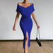 Color-Blue-Spring Summer Elegant Graceful Office Minimalist Young off the Shoulder Belt Dress with Vents-Fancey Boutique