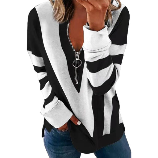 Color-White-Autumn Winter Printed Long Sleeve V neck Zipper Casual Loose Sweater Women-Fancey Boutique