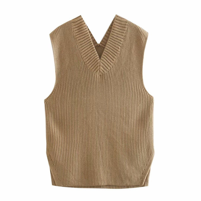 Color-Khaki-Autumn Winter White Loose Split V neck Sleeveless Knit Vest Vest Women Mid Length Sweater-Fancey Boutique