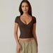 Women Clothing Summer Solid Color Simple Casual V neck Slim Short T shirt Top for Women-Brown-Fancey Boutique