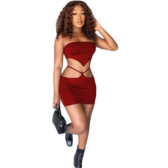 Color-Red-Hollow Out Stitching Lace up Sexy Women two piece set Hanky Hem-Fancey Boutique
