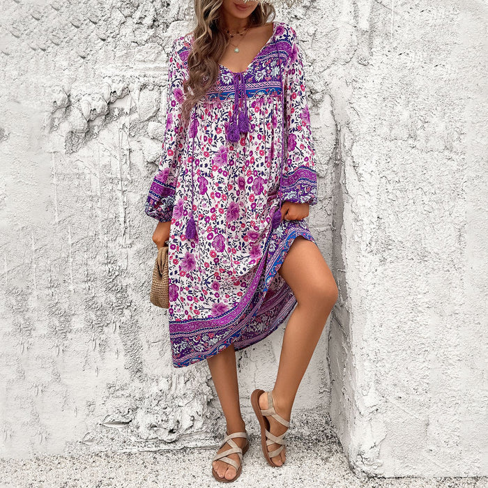 Color-Purple-Women Clothing Spring Summer Casual Holiday Floral Print Long Sleeve Dress-Fancey Boutique