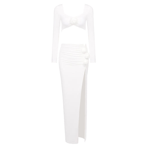 Women Floral Design Sexy Trend Halter Stitched Backless Split Skirt Set-White-Fancey Boutique