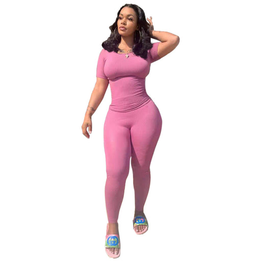 Color-Pink-Women Clothing Sexy Casual Super Elastic Rib Tight Sports Two-Piece Set-Fancey Boutique