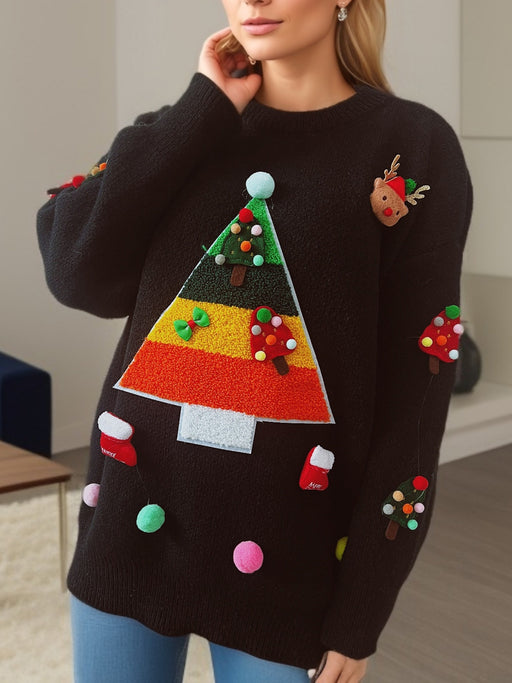 Color-Black-Sweater Christmas Tree Jacquard Three Dimensional Decoration Sweaters Women Clothing Knitwear-Fancey Boutique