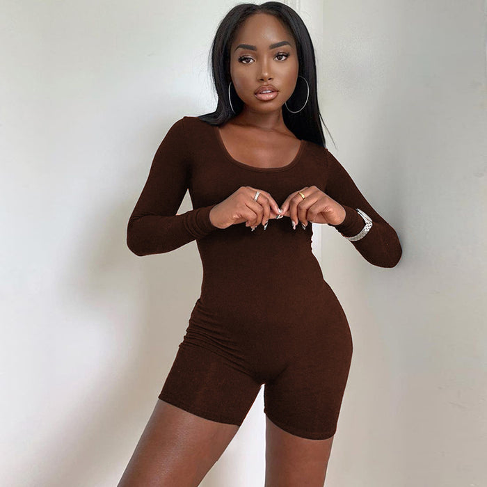 Color-Coffee-Women Clothing Winter Solid Color Slim Sports Long Sleeve Jumpsuit-Fancey Boutique