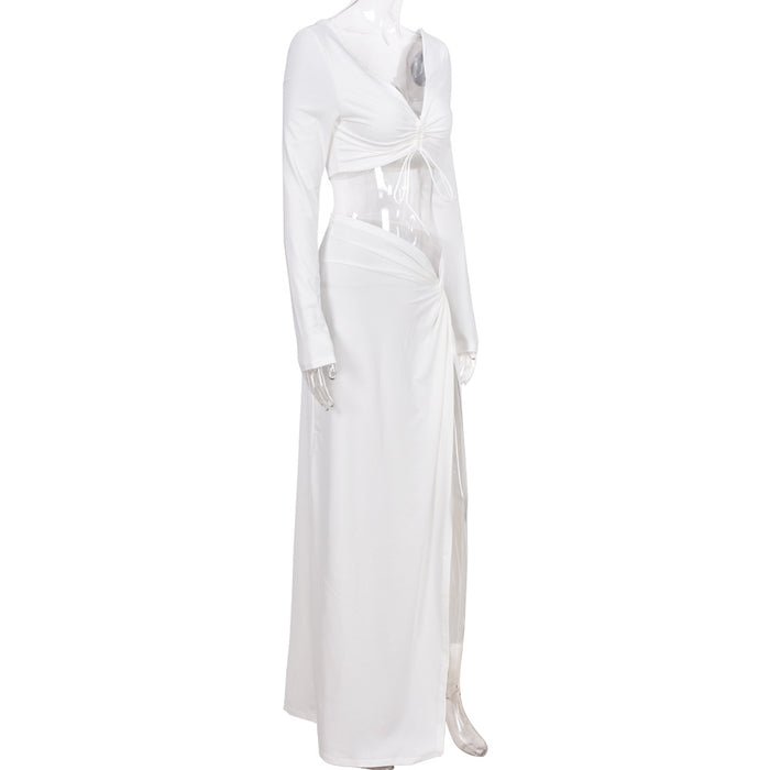 Color-White-Women Clothing Spring Summer V Neck Backless Slit Sexy Skirt Set-Fancey Boutique