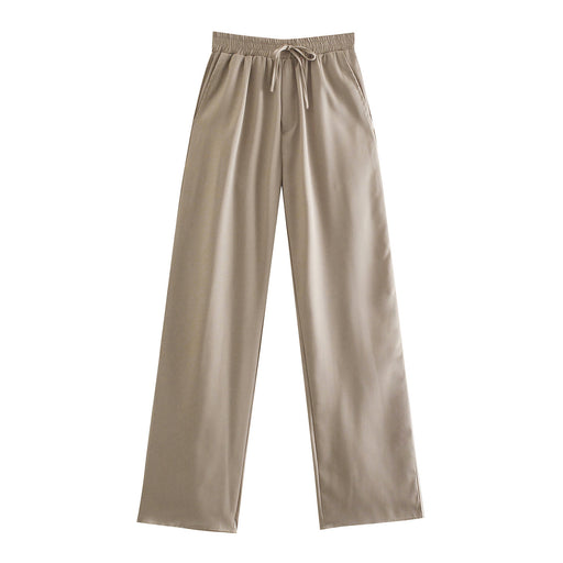 Color-Khaki-1-Elastic High Waist Casual Pants Waist Belt Elastic Idle Wide Leg Pants-Fancey Boutique