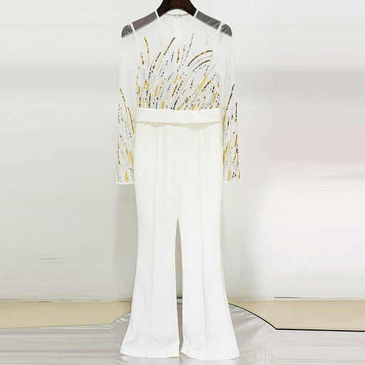 Spring Summer Star Mesh Stitching Heavy Industry Sequ Beaded Diamond Embedded Jumpsuit-White-Fancey Boutique