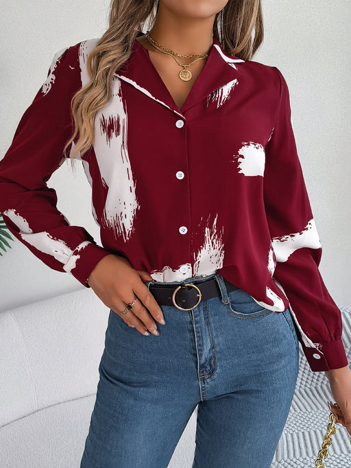 Color-Burgundy-Autumn Winter Contrast Color Striped Collar Long Sleeve Shirt Women Clothing-Fancey Boutique