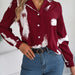 Color-Burgundy-Autumn Winter Contrast Color Striped Collar Long Sleeve Shirt Women Clothing-Fancey Boutique