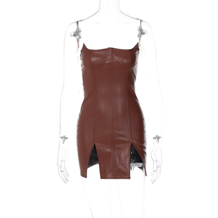 Color-Brown-Women Clothing Faux Leather Personality Off Neck Low Cut Sexy Tight Sleeveless Backless Dress-Fancey Boutique