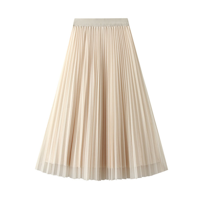 Color-Apricot-Veil Skirt Women Spring High Waist Elastic Waist Tulle Skirt Pleated Skirt Two Sided-Fancey Boutique