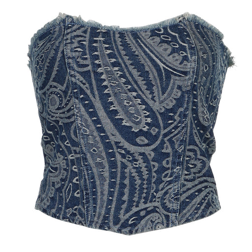 Color-Blue-Irregular Asymmetric Jacquard Skinny Frayed Hem Denim Bra Sexy Sexy Tube Top Slimming Sleeveless Short Top-Fancey Boutique