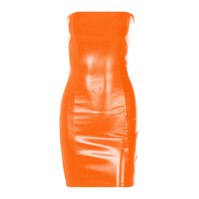 Color-Orange-Sexy Bandeau Slim Fit Slimming Sheath Women Faux Leather Dress Women Clothing-Fancey Boutique