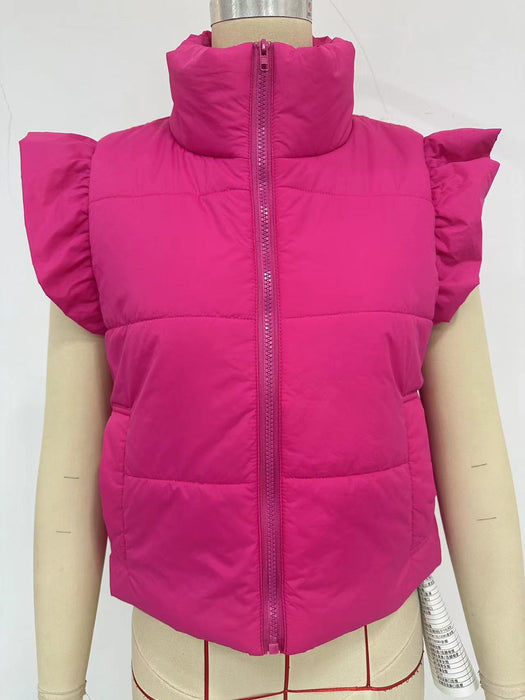 Women Clothing Winter Slim Sleeveless Stand-up Collar Thermal Waistcoat Cotton Padded Coat-Coral Red-Fancey Boutique