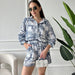 Summer Printed Cotton Pajamas Cardigan Long Sleeve Shorts Two Piece Set for Outerwear Homewear Women-Fancey Boutique