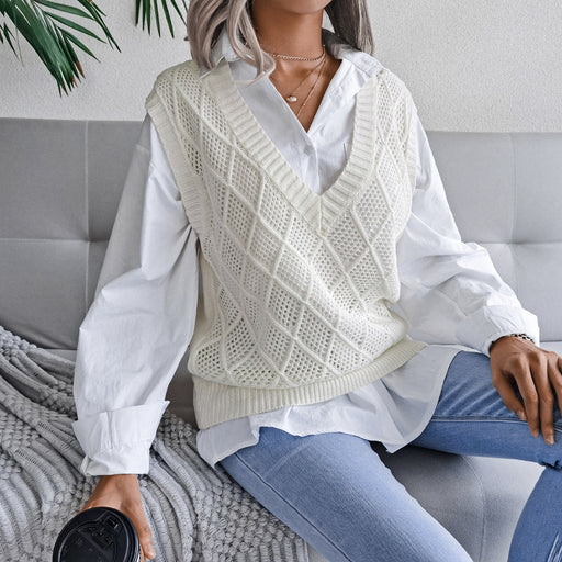 Color-White-Real shot autumn winter v-neck rhombus Hollow Out Cutout casual knitted sweater vest women clothing-Fancey Boutique