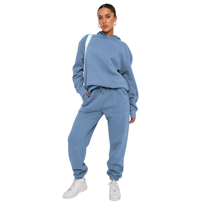 Color-Blue-Autumn Winter Solid Color Hooded Long Sleeve Sweater Women Clothing Casual Trousers Suit-Fancey Boutique