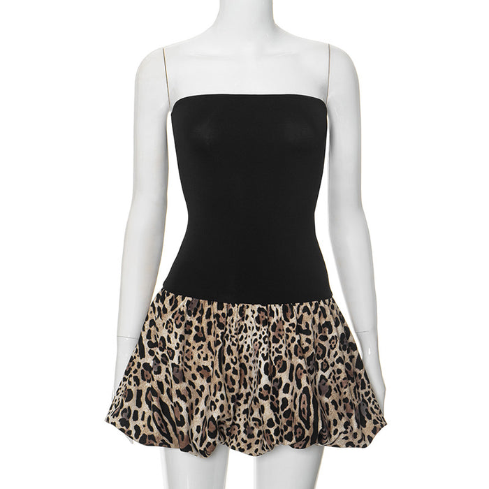 Women Clothing Summer Bandeau Slim Fit High Waist Stitching Dress-Leopard-Fancey Boutique