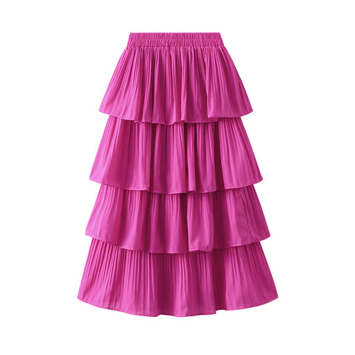 Color-Coral Red-Wooden Ear Stitching Pleated Big Hem Skirt Women's Summer Mid Length Tiered Dress-Fancey Boutique