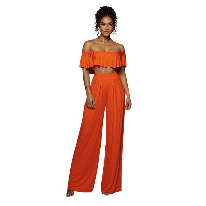Color-Orange-Sexy off-Neck Lotus Leaf Tube Top Cropped Top Women Clothing Casual Wide Leg Pants Suit-Fancey Boutique