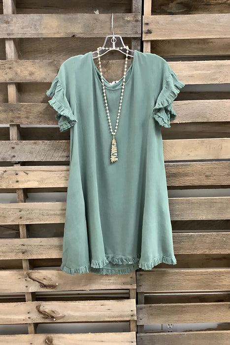 Color-Light Green-Ladies Cotton Linen Dress Solid Color Short Sleeve Burr Side Pocket Midi Dress-Fancey Boutique